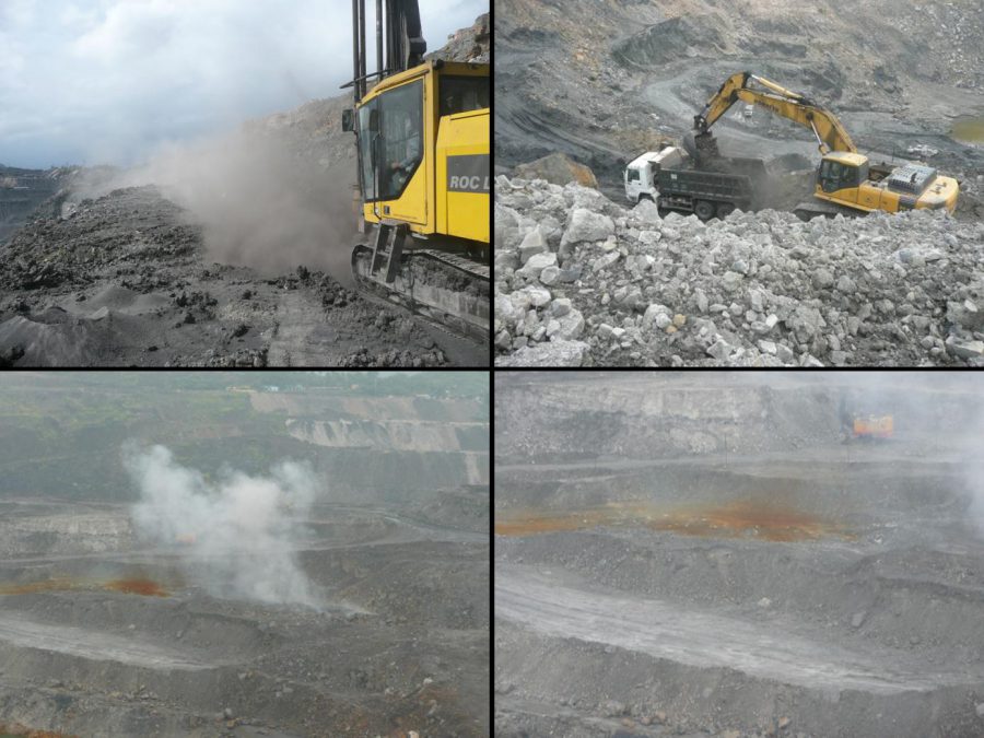 Abbildung 2: Fotos des Nui Beo Tagebaugebietes (August 2007); Oben links: Staubemissionen bei der Erstellung von Sprengbohrlöchern; Oben rechts: Staubemissionen während der Kohlebeladung; Unten links und rechts: Staubemissionen während einer Abraumsprengung